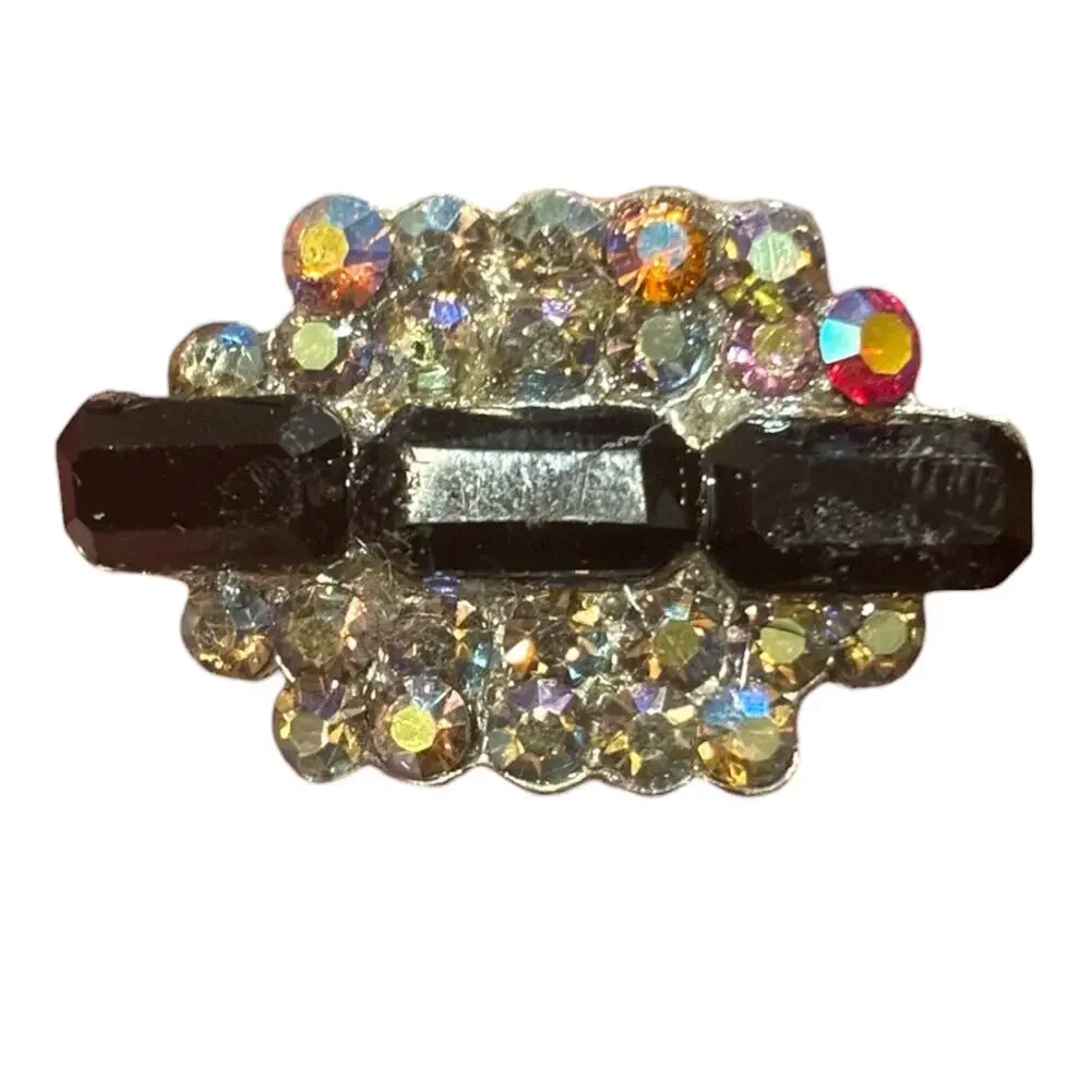 Vintage Aurora Borealis Rhinestone Bar Brooch Black Glass Atomic Mid Century